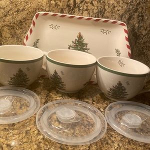 Christmas Tree Spode Jumbo cup with lid and Spode tray.